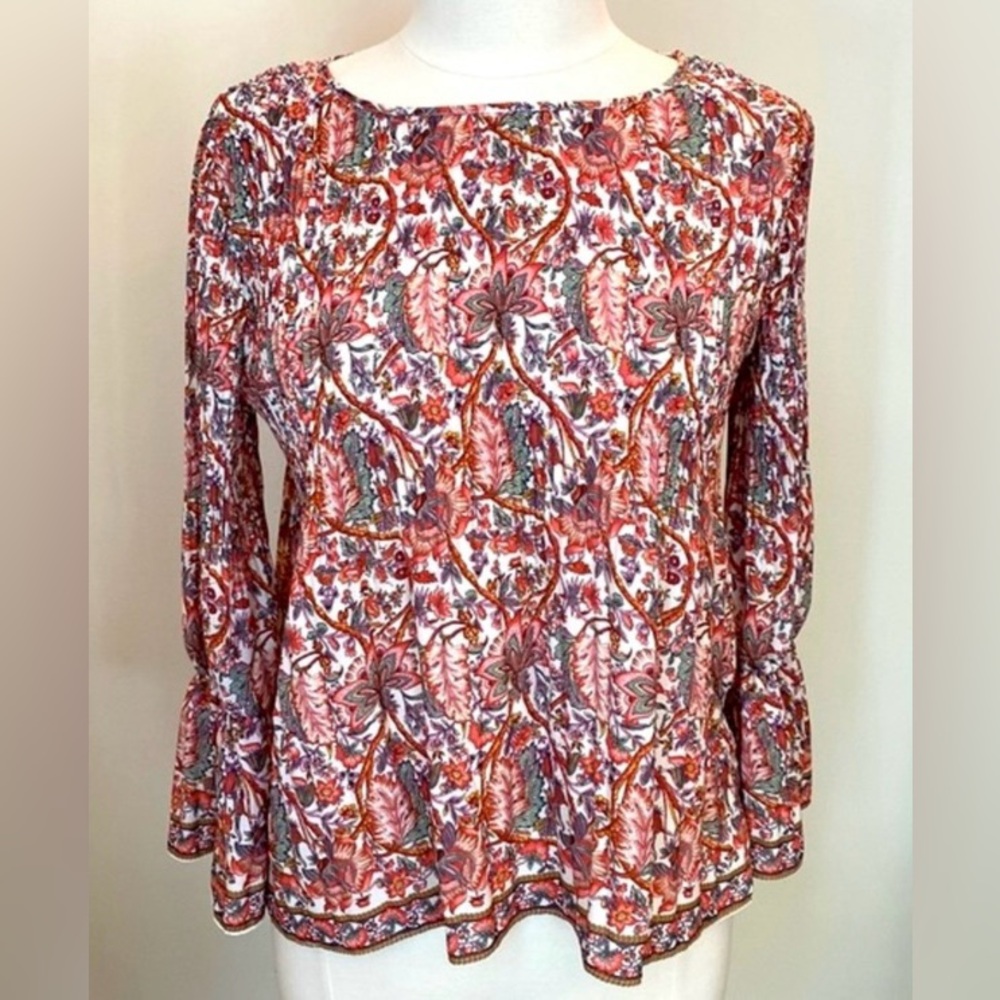 Max Studio Red Cream Floral Leaf Pattern Long Sleeve Crinkle Pleated Top Size S